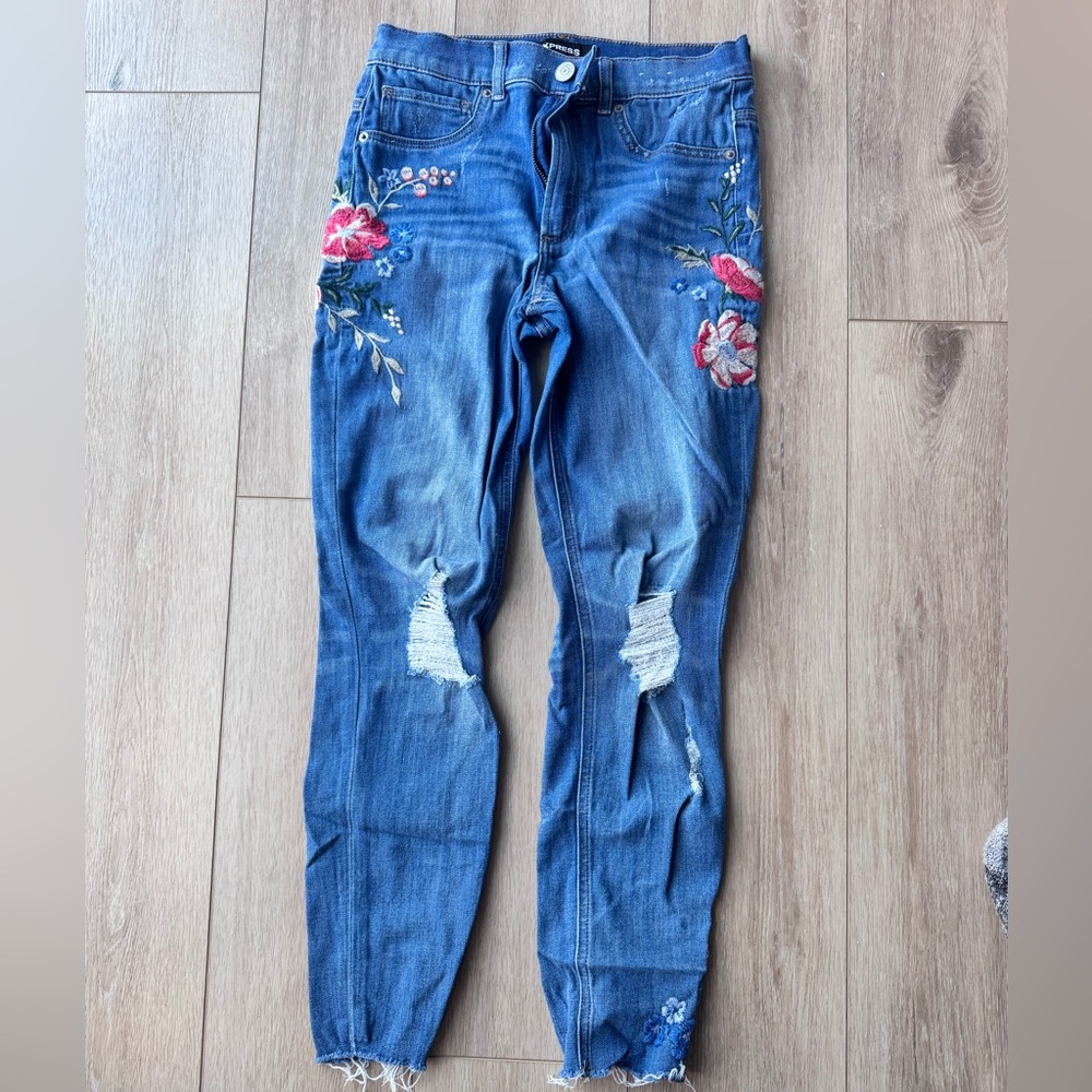 Express Blue Skinny Jeans with Floral Embroidery